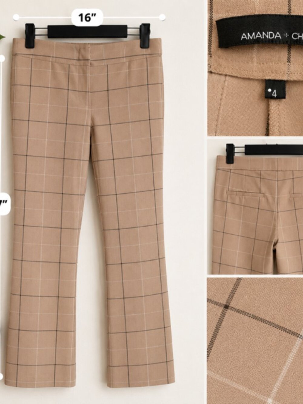 Amanda + Chelsea Windowpane Plaid Dress Pants | Size 4 | Tan Straight Leg Career